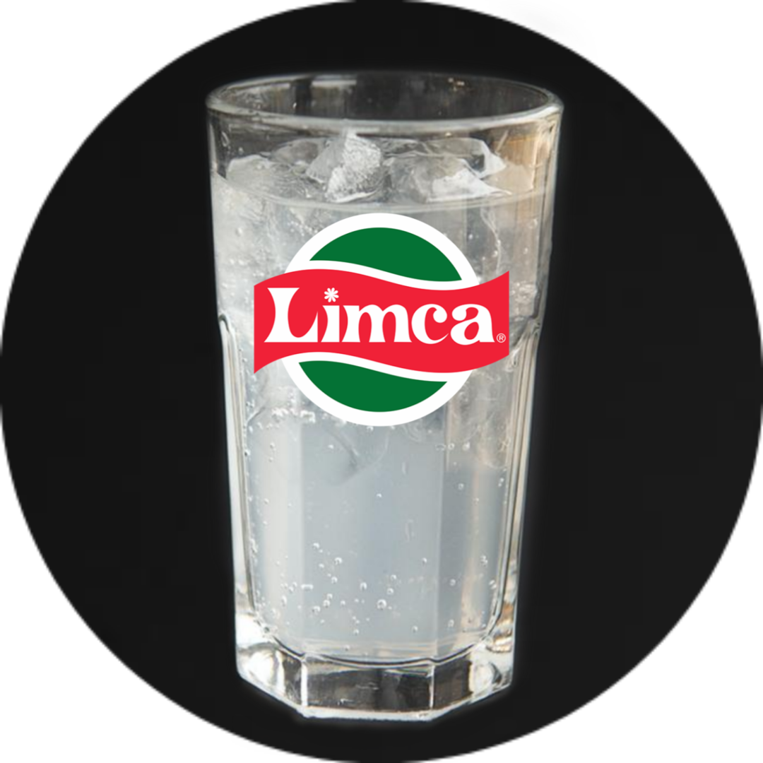 A glass of water with the name " limca ".