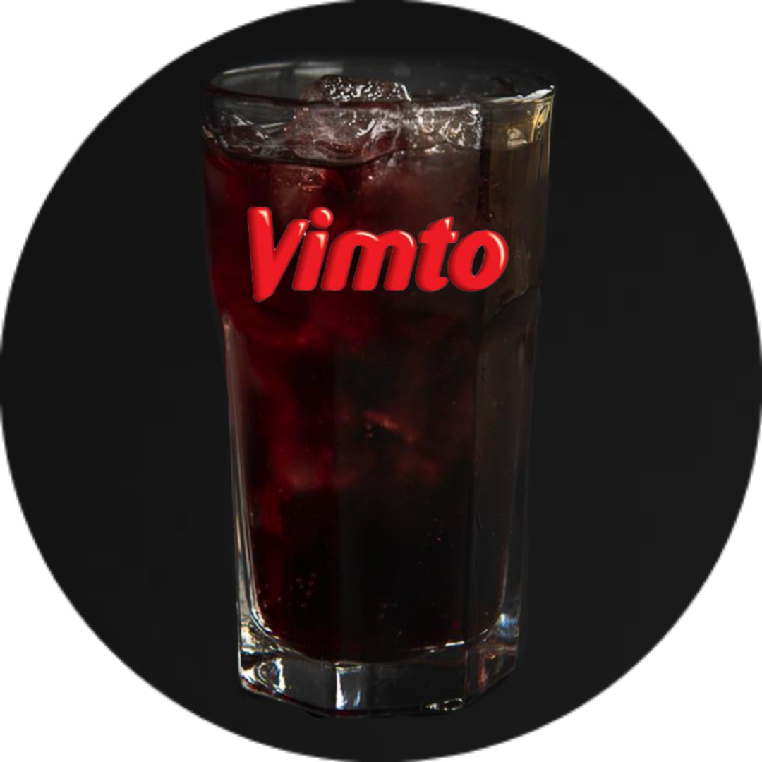 A glass of iced tea with the word vimto on it.