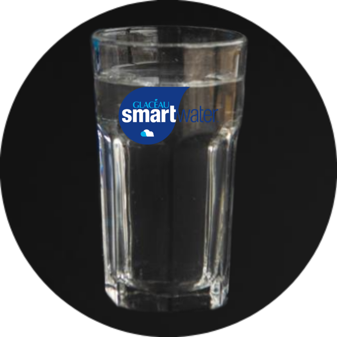 A glass of water with the smart logo on it.